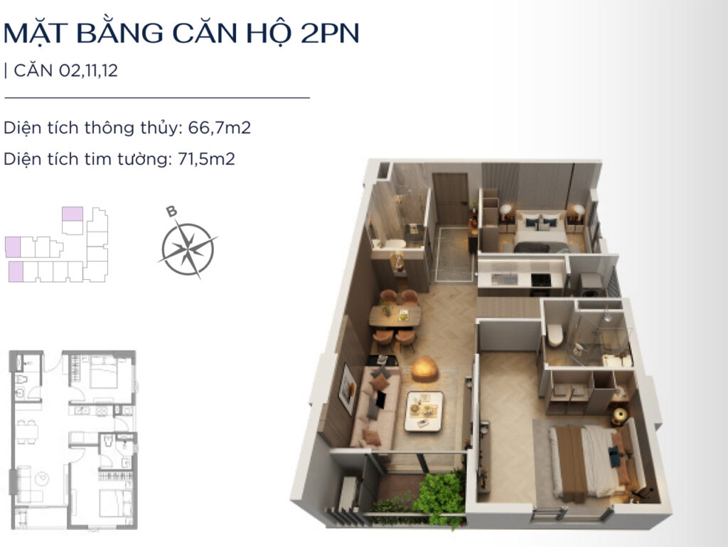 Mặt bằng căn hộ 2 phòng ngủ The One World Bình Dương